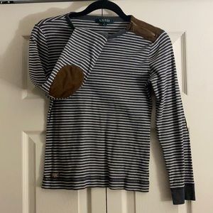 Ralph Lauren Stripe Suede Elbow Patch Long Sleeve Shirt